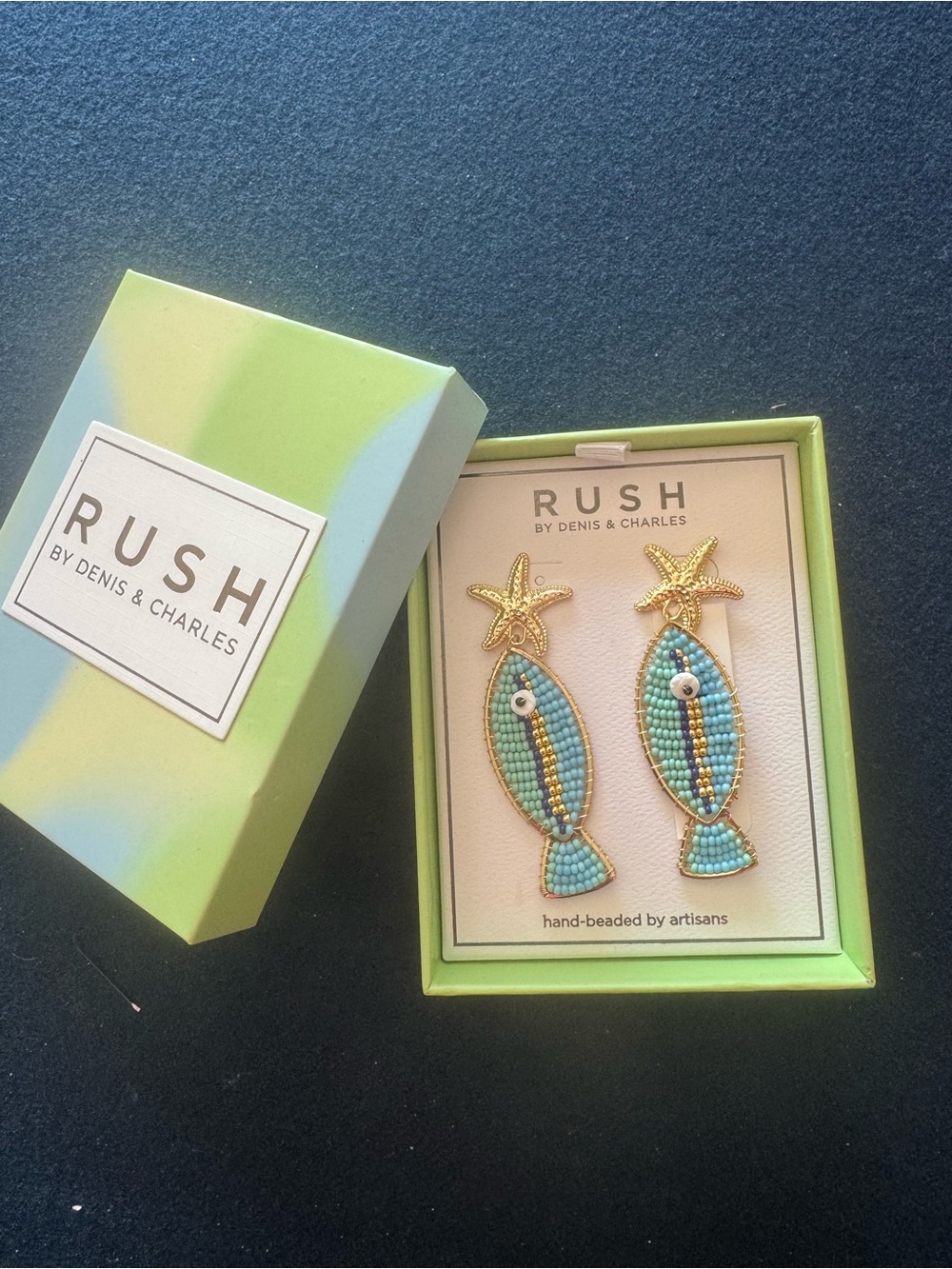 RUSH by Denis & Charles Hand Beaded Fish Drop Earrings - Turquoise & Gold🐠🐠